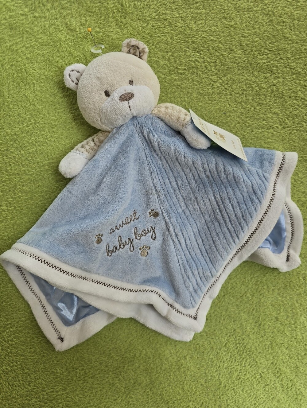 NWT MINT - 17"  BEAR SECURITY BLANKET - SWEET BABY BOY - BLUE + WHITE (Q6)